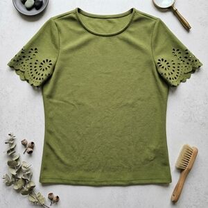 Solid Green Floral Lazer Cut Out Shoulder Scalloped Shirt Top Blouse Small